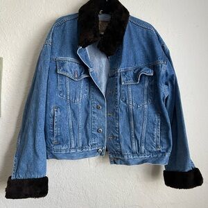 Vintage Canyon River Blues Light Blue Denim Jean Jacket Brown Faux Fur Large
